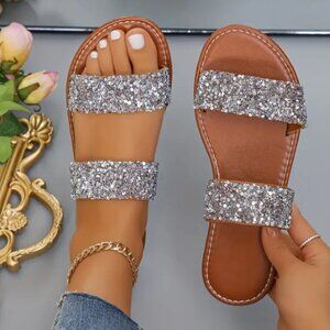 Silver Glittering Summer Flat Sandals Women